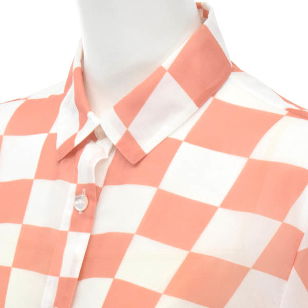 【美品】PIERRE CARDIN/ピエールカルダン レディース 長袖 シャツ トップス ロング チェック柄 38 オレンジ 白 [大感謝祭]★23RL61 ピエールカルダン レディース pierre ノーカラー フォーマル ピエールカルダン（スーツ・セットアップ｜レディース