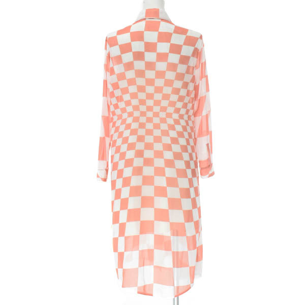 【美品】PIERRE CARDIN/ピエールカルダン レディース 長袖 シャツ トップス ロング チェック柄 38 オレンジ 白 [大感謝祭]★23RL61 ピエールカルダン レディース pierre ノーカラー フォーマル ピエールカルダン（スーツ・セットアップ｜レディース