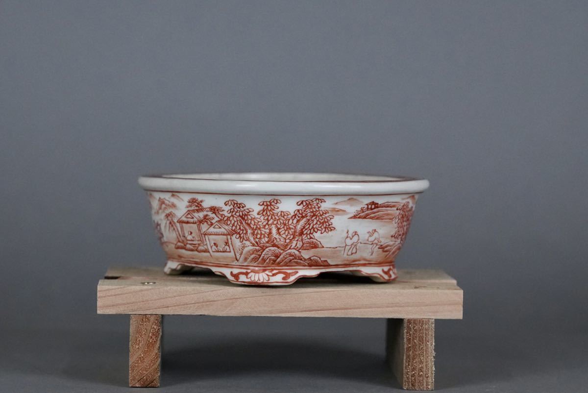 小品盆栽鉢 上州勝山 初期希少 赤絵山水図 植木鉢 ・台はには含まれません