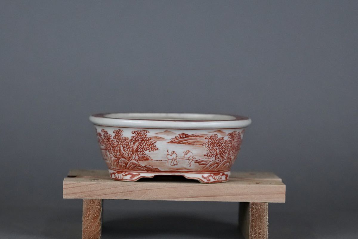 小品盆栽鉢 上州勝山 初期希少 赤絵山水図 植木鉢 ・台はには含まれません
