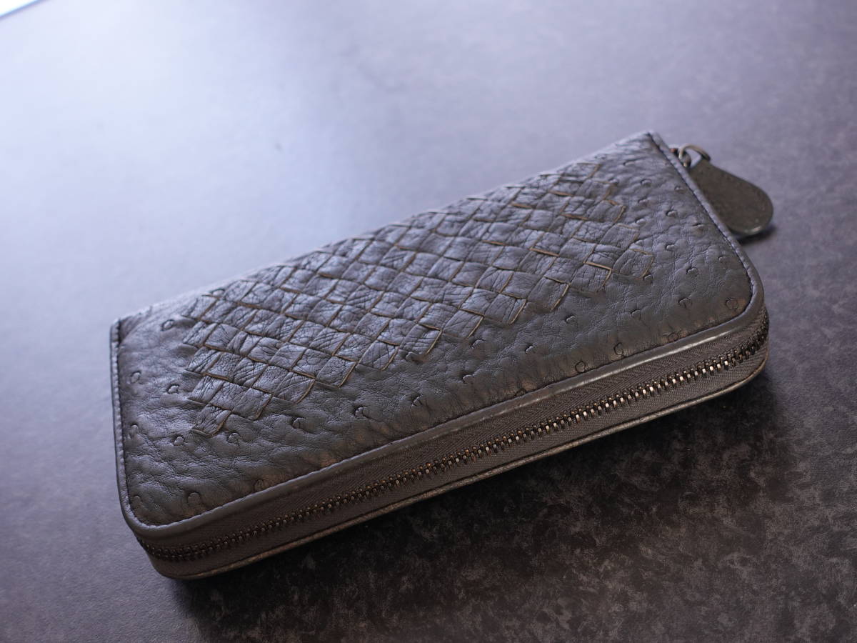 希少 BOTTEGA VENETA 長財布 オーストリッチイントレチャート ラウンド 