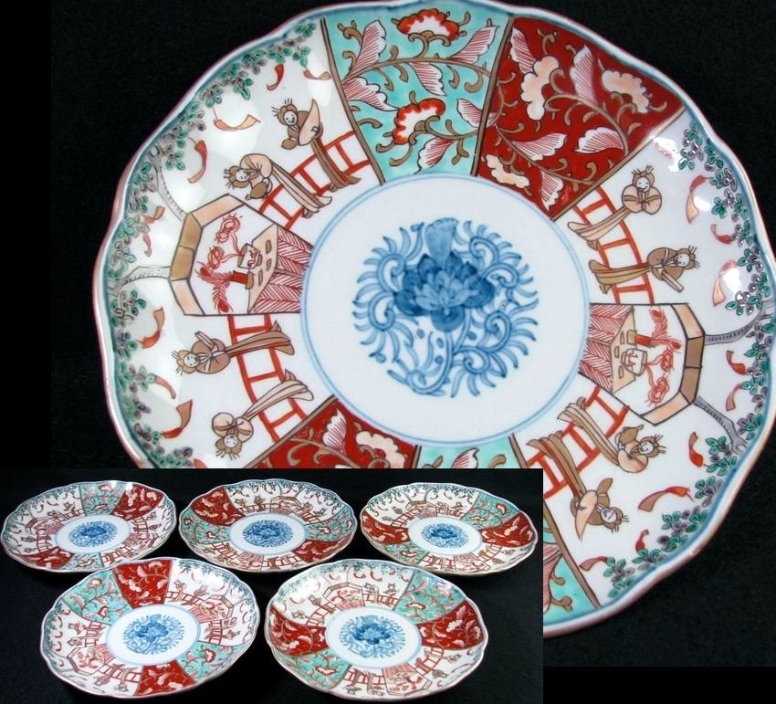 古伊万里 染錦 唐人・花唐草文中皿5枚 幅：22cm 江戸時代/22d075 古