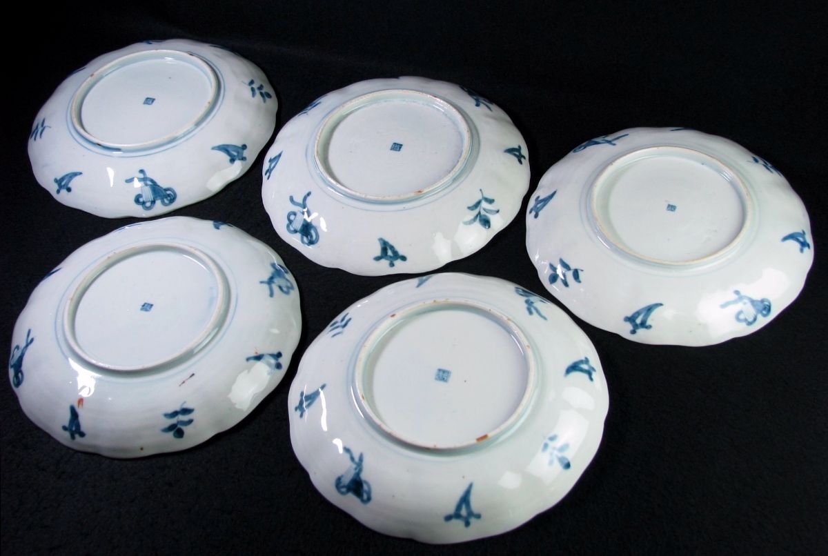 古伊万里 染錦 唐人・花唐草文中皿5枚 幅：22cm 江戸時代/22d075 古