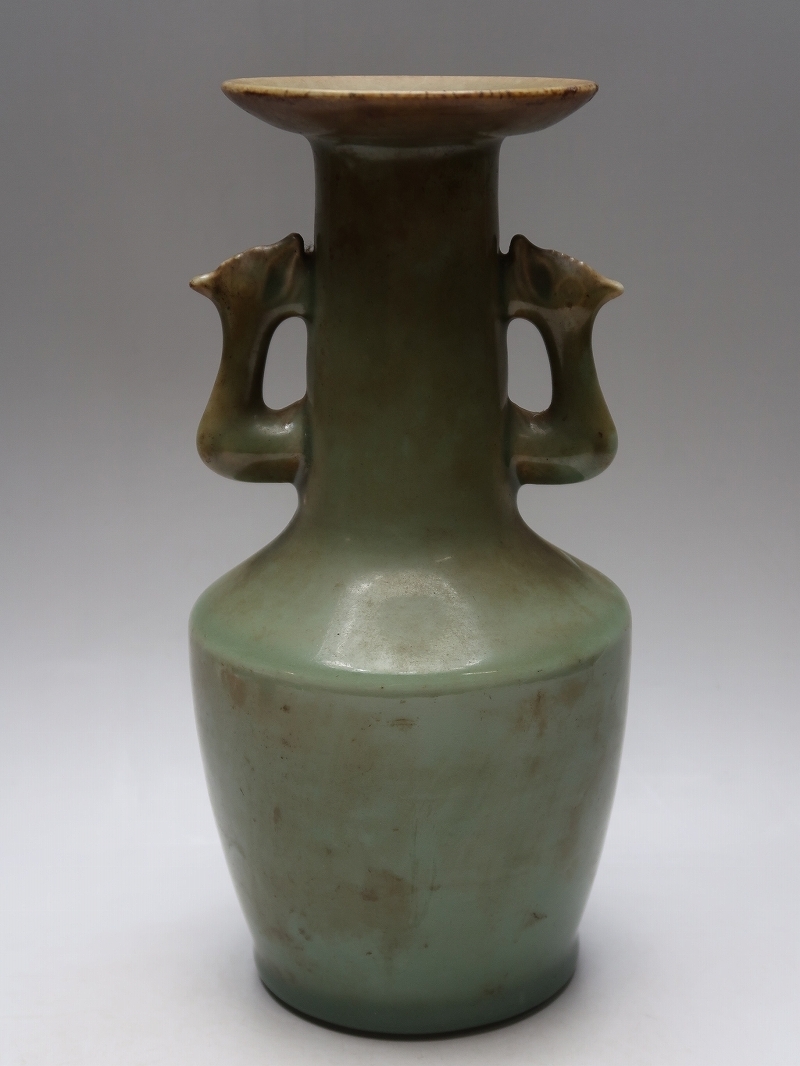集】022310青磁花瓶 鳳凰文双耳花瓶 龍泉窯 中国明時代美術焼物(青磁 