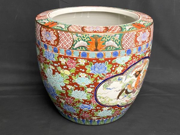 A304】1円スタート 火鉢 陶器/焼物 鳳凰 派手/カラフル メダカ鉢 詳細