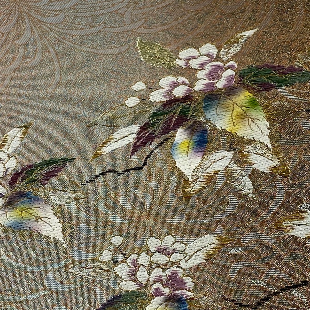 袋帯 美品 秀品 草花 金銀糸 箔 ベージュ 六通 正絹 【中古】 | AKOPA.HR