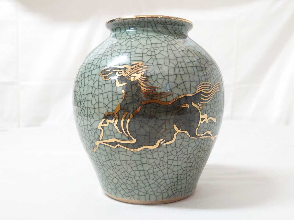大堀相馬焼 花瓶 : 青ひび | 高 松永窯 壺1個 金駒絵