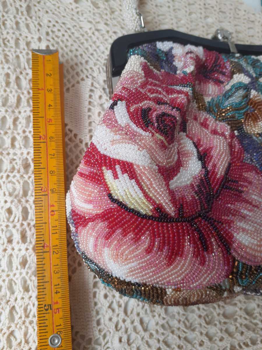 総ビーズ　がま口バッグ　和装　両面ビーズバッグ　　総柄刺繍　レトロ 美品】ヴィンテージ がま口ビーズバッグ 花柄 両面刺繍 総ビーズ