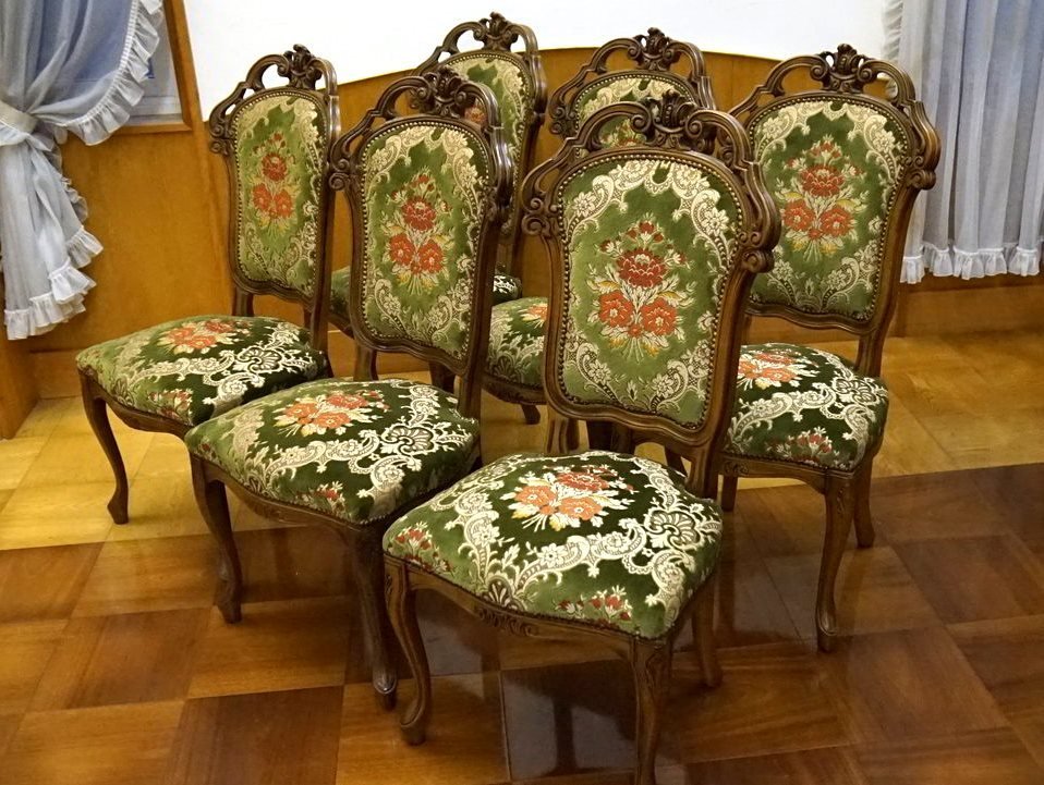 家具】アンティーク イタリア製 椅子 金華山織り 猫足 6客セット 天然