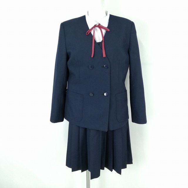 1円 イートン ジャンパースカート 紐タイ 等 上下4点セット 指定 冬物 長袖 女子 学生服 中学 高校 紺 制服 中古 ランクB EY2991_1
