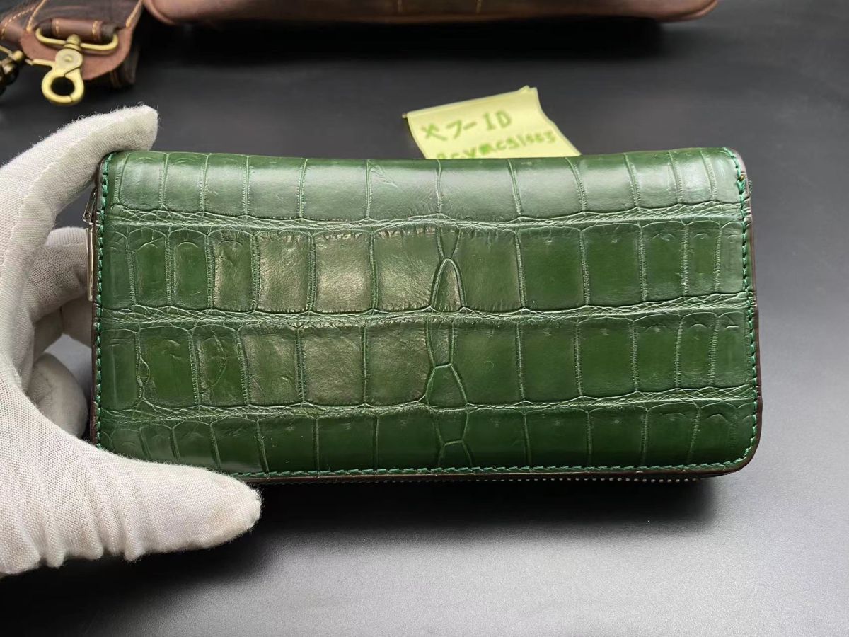 即決【グリーン】クロコダイル ワニ革 腹革 長財布 本物 ラウンド