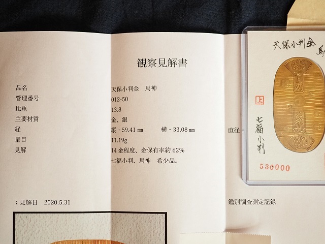 小判 古銭 天保小判金 馬神 七福小判 14金程度 金保有率約62％ 品位