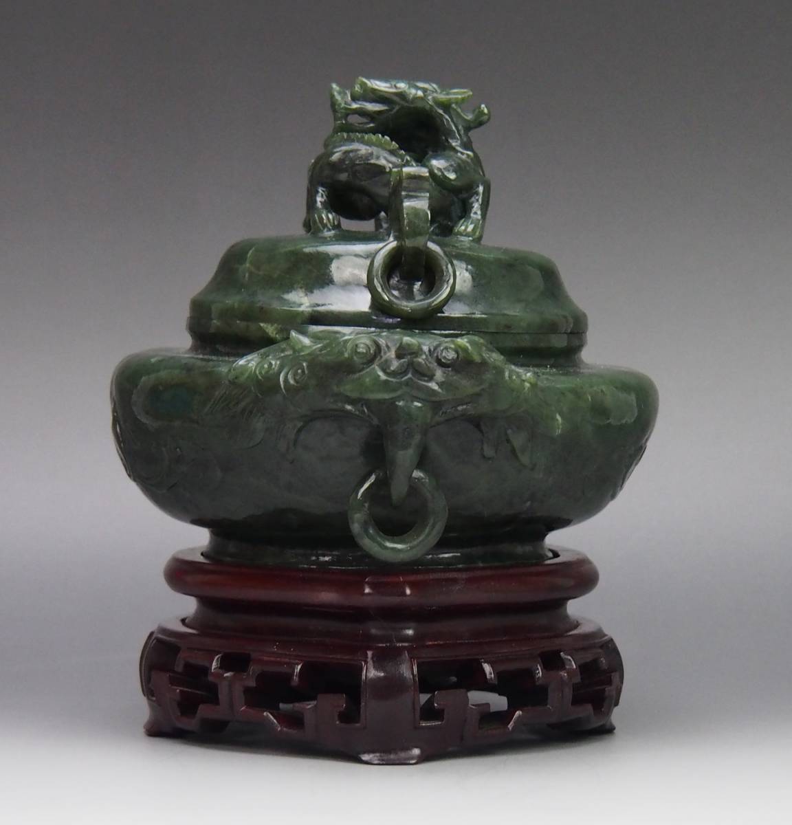 AZ-341 戦前戦後 インド翡翠 龍摘蓋 獅子耳 遊環香炉 台付 重さ約1.5