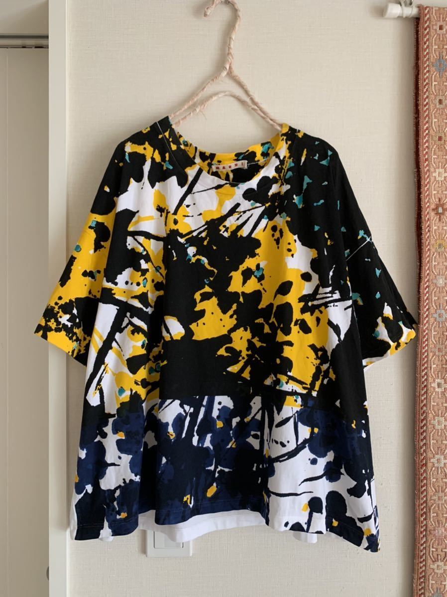 美品 マルニ コットン 花柄 Tシャツ 白 黄色 黒 綿 トップス 半袖 