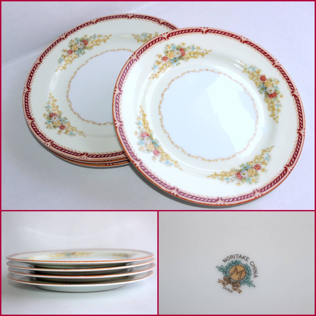 【Noritakeオールドノリタケ】1933年～1953年期頃(月桂樹M印)『約19ｃｍフラットプレート4枚』《中古品》日本製/中皿/レア/希少/BVT2377