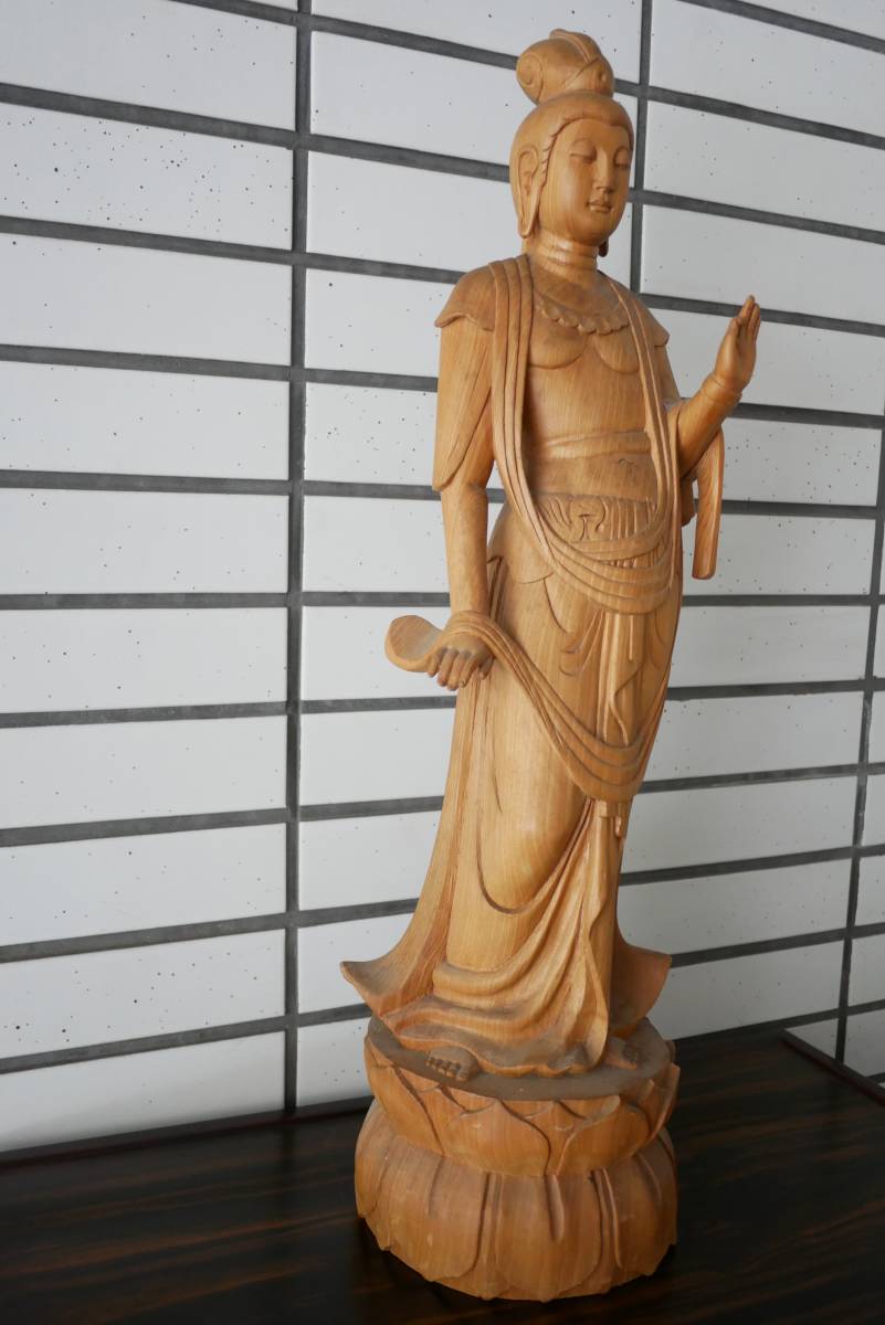 観音菩薩 観音 観音像 天女像？ 立像 木製 現代モノ 小指修正あり 高さ