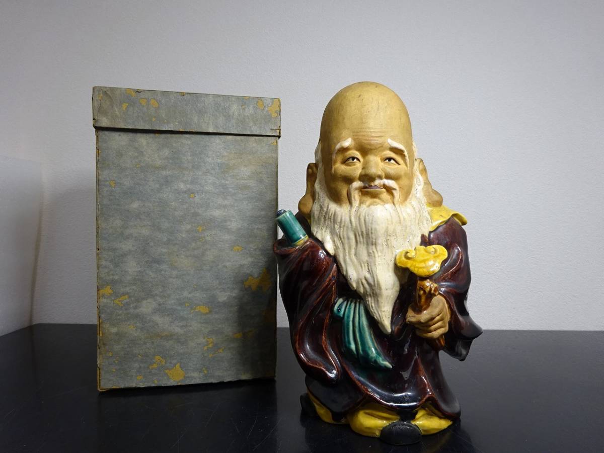 現状品 久谷？ 七福神 陶器 寿老人 福禄寿 高さ約23.5cm 置物 骨董