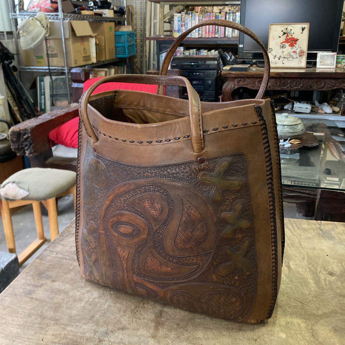 古い 手作り 本革 トートバッグ ショルダーバッグ 革製 ハンドクラフト 