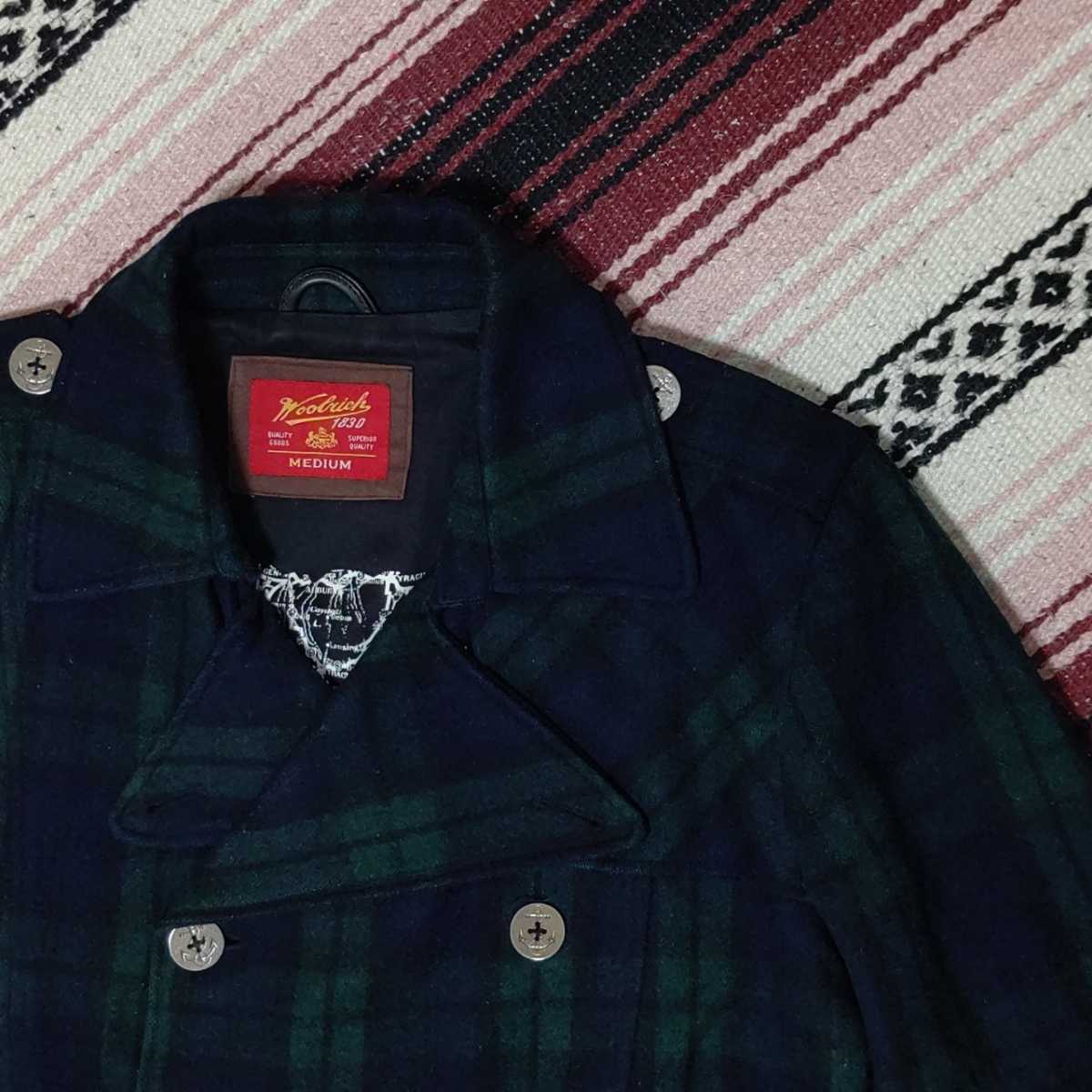 WOOLRICH】ウールリッチ Pコート メルトン ウール混 タータンチェック 