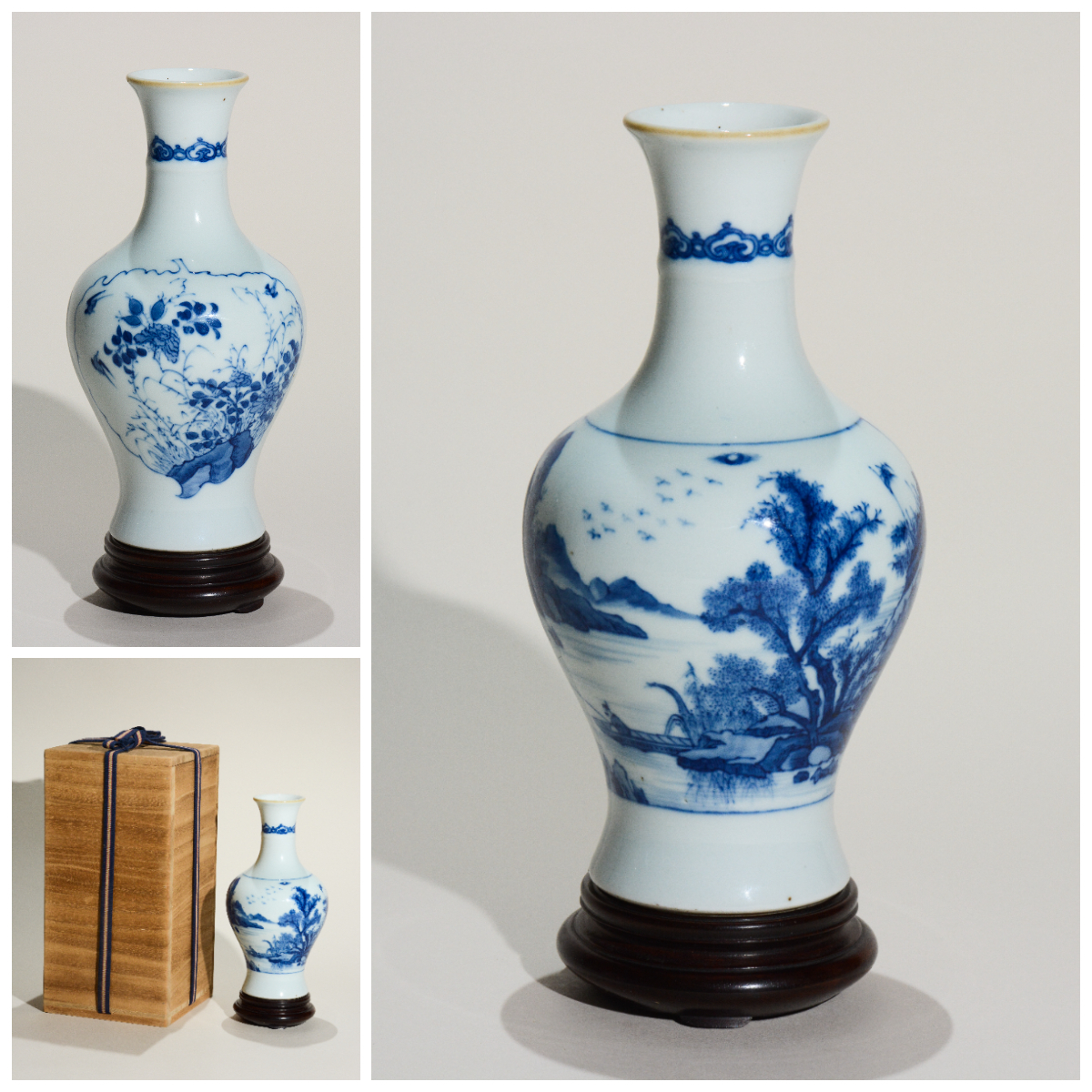 YH129 唐物 清時代 染付 山水 花鳥図 花瓶 花生 花入 台付 箱付 陶磁器