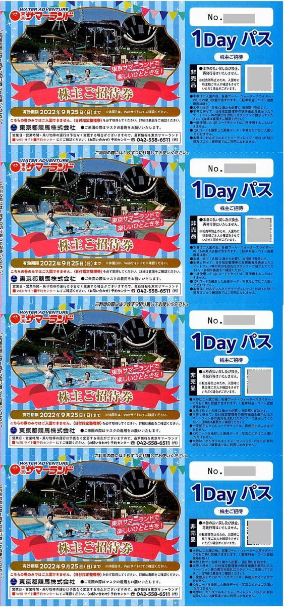 サマーランド 株主優待 1DAYパス 4枚 サマーランド 株主優待 1DAYパス 4枚