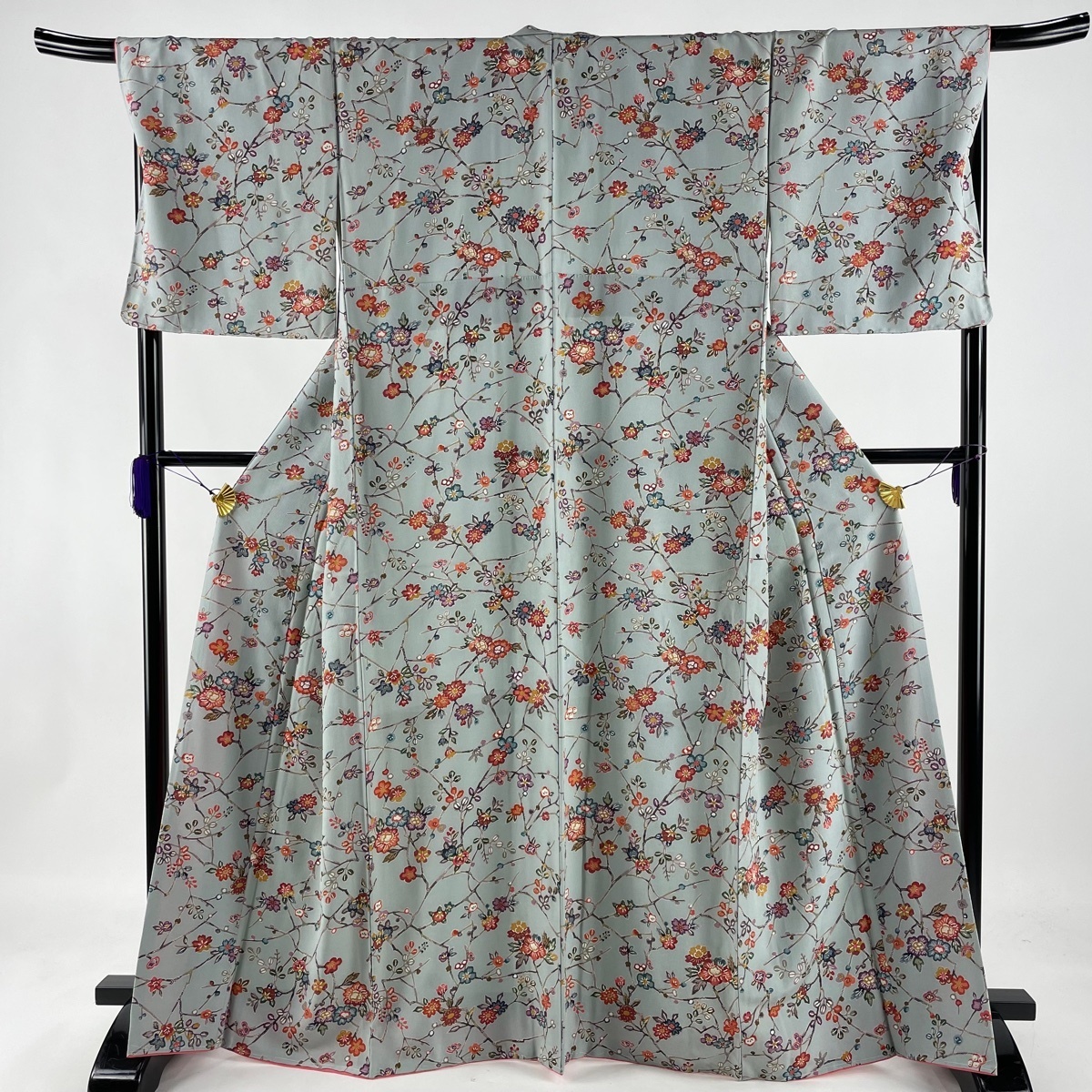 小紋 美品 秀品 枝花 金彩 灰緑 袷 167cm 69.5cm L 正絹 【中古】 ☆☆☆