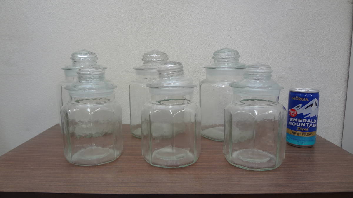 ●○昭和レトロ 保存瓶 駄菓子屋 蓋付き 小物入れ ガラス容器 八角形 まとめて6個○●