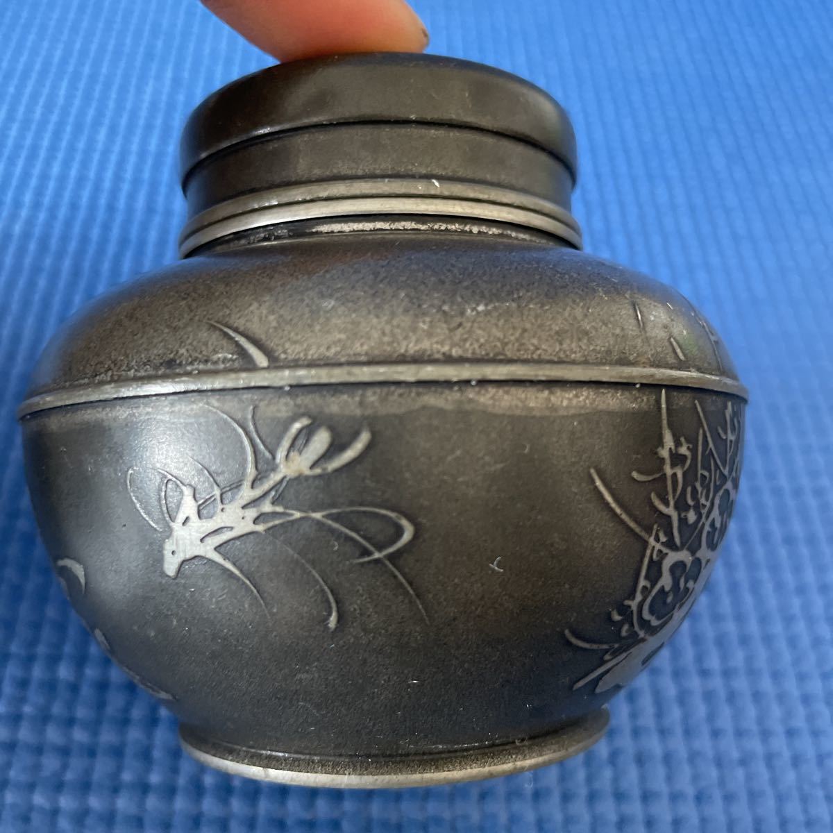 本錫 茶筒 乾茂號造 刻印 在銘 古錫 錫製 茶壺 茶壷 煎茶道具 約467.5g