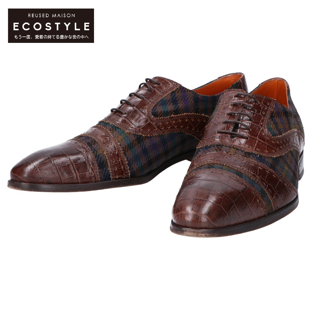 ETRO エトロ チェック柄ファブリック/クロコ型押しレザー キャップトゥシューズ 42 ブラウン系 メンズ ETRO エトロ 花柄 超希少JRA認定 秋冬物71，000円新品ETROエトロ★冬にふんわり心地良い起毛生地の冬映え◎チェック柄パンツ54＝38インチ ETRO／エトロ／ジオメトリック／パッチワーク／ベージュグレー