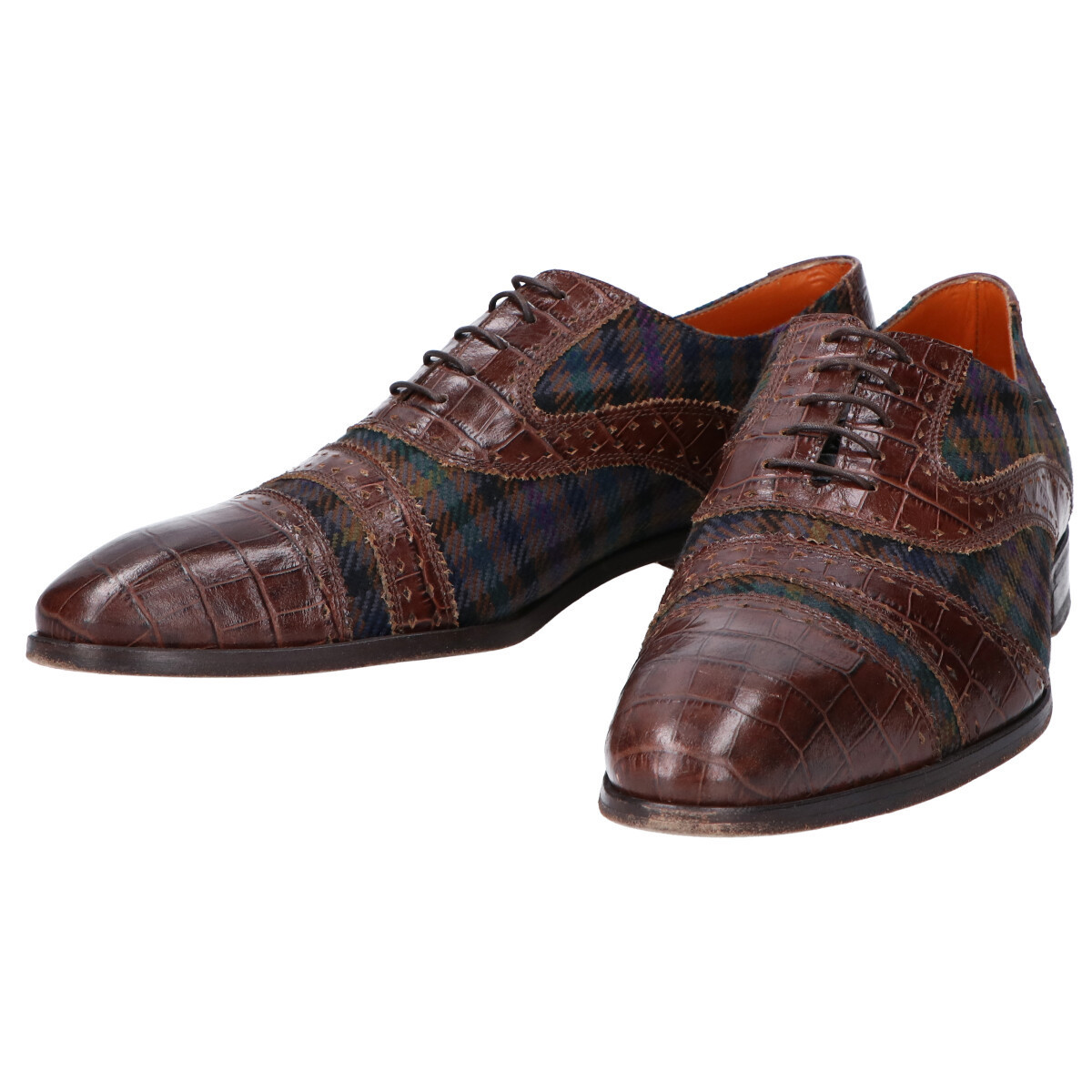 ETRO エトロ チェック柄ファブリック/クロコ型押しレザー キャップトゥシューズ 42 ブラウン系 メンズ ETRO エトロ 花柄 超希少JRA認定 秋冬物71，000円新品ETROエトロ★冬にふんわり心地良い起毛生地の冬映え◎チェック柄パンツ54＝38インチ ETRO／エトロ／ジオメトリック／パッチワーク／ベージュグレー