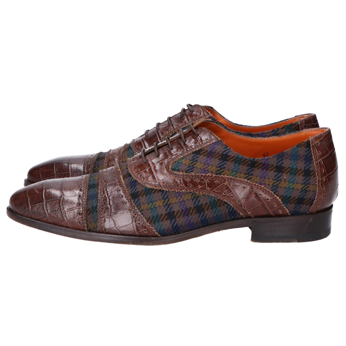 ETRO エトロ チェック柄ファブリック/クロコ型押しレザー キャップトゥシューズ 42 ブラウン系 メンズ ETRO エトロ 花柄 超希少JRA認定 秋冬物71，000円新品ETROエトロ★冬にふんわり心地良い起毛生地の冬映え◎チェック柄パンツ54＝38インチ ETRO／エトロ／ジオメトリック／パッチワーク／ベージュグレー