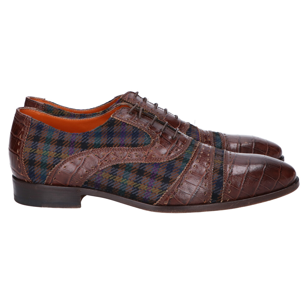ETRO エトロ チェック柄ファブリック/クロコ型押しレザー キャップトゥシューズ 42 ブラウン系 メンズ ETRO エトロ 花柄 超希少JRA認定 秋冬物71，000円新品ETROエトロ★冬にふんわり心地良い起毛生地の冬映え◎チェック柄パンツ54＝38インチ ETRO／エトロ／ジオメトリック／パッチワーク／ベージュグレー