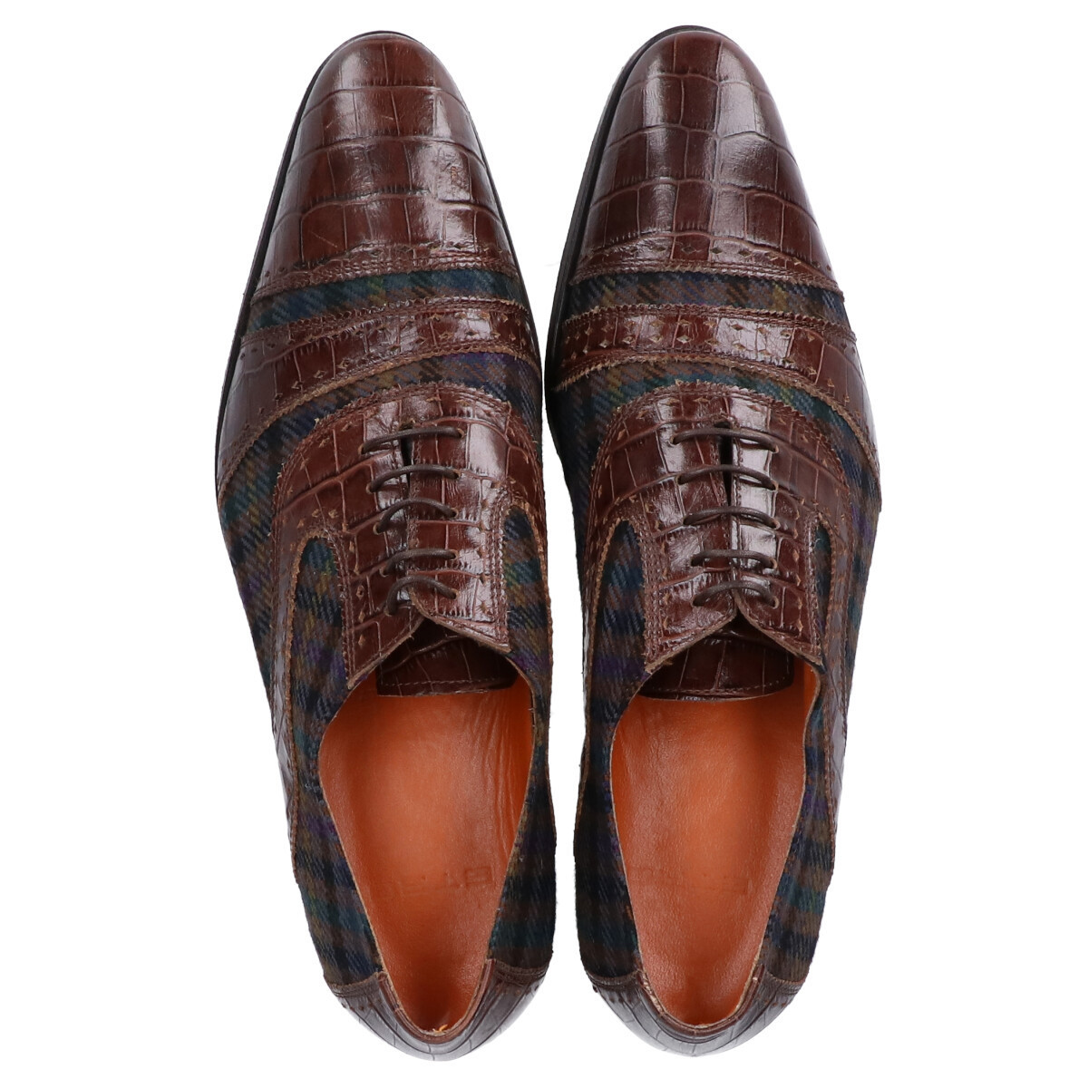 ETRO エトロ チェック柄ファブリック/クロコ型押しレザー キャップトゥシューズ 42 ブラウン系 メンズ ETRO エトロ 花柄 超希少JRA認定 秋冬物71，000円新品ETROエトロ★冬にふんわり心地良い起毛生地の冬映え◎チェック柄パンツ54＝38インチ ETRO／エトロ／ジオメトリック／パッチワーク／ベージュグレー