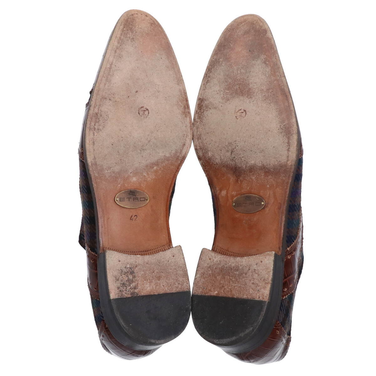 ETRO エトロ チェック柄ファブリック/クロコ型押しレザー キャップトゥシューズ 42 ブラウン系 メンズ ETRO エトロ 花柄 超希少JRA認定 秋冬物71，000円新品ETROエトロ★冬にふんわり心地良い起毛生地の冬映え◎チェック柄パンツ54＝38インチ ETRO／エトロ／ジオメトリック／パッチワーク／ベージュグレー