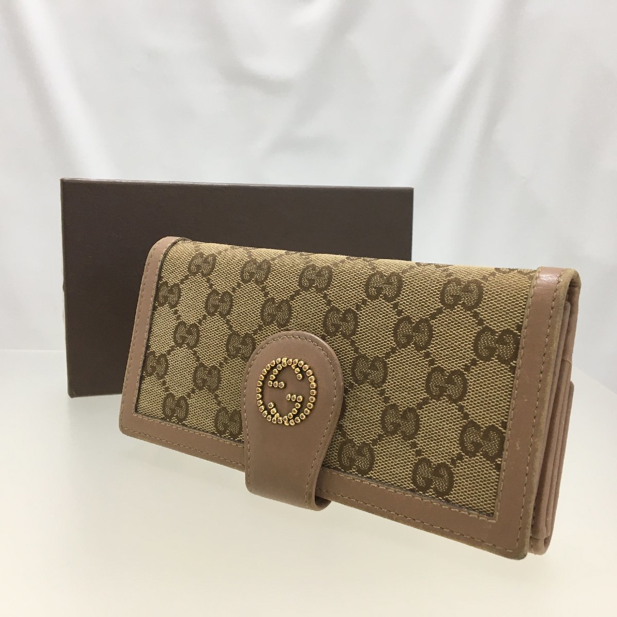 最終セール！GUCCI グッチ GGキャンバス 二つ折り長財布 レディース 小銭入れ有り ブラウン系 本革レザー ダブルG 質屋の質セブン I
