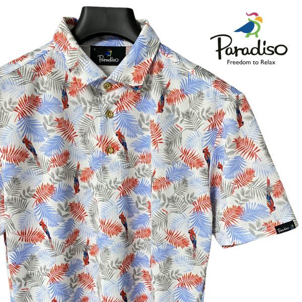 新品同様 Paradiso パラディーゾ 半袖 ポロシャツ ドライ ストレッチ メンズ L 白 ホワイト レッド 総柄 ゴルフウェア ブリジストン A774
