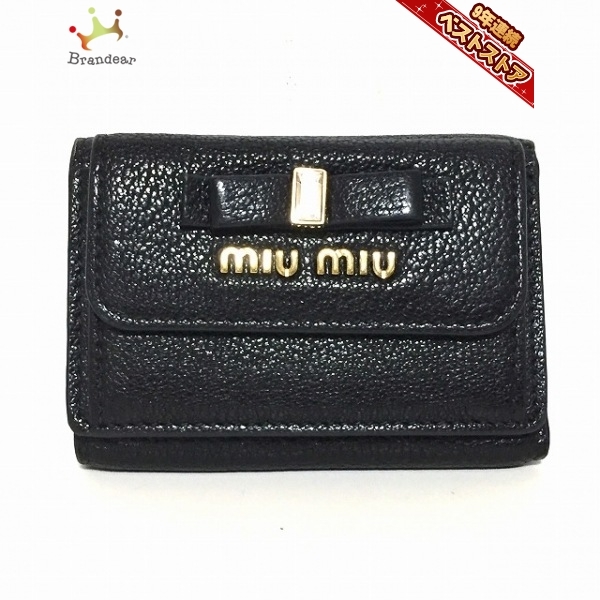 ミュウミュウ miumiu 3つ折り財布 - レザー 黒 リボン/ビジュー 財布