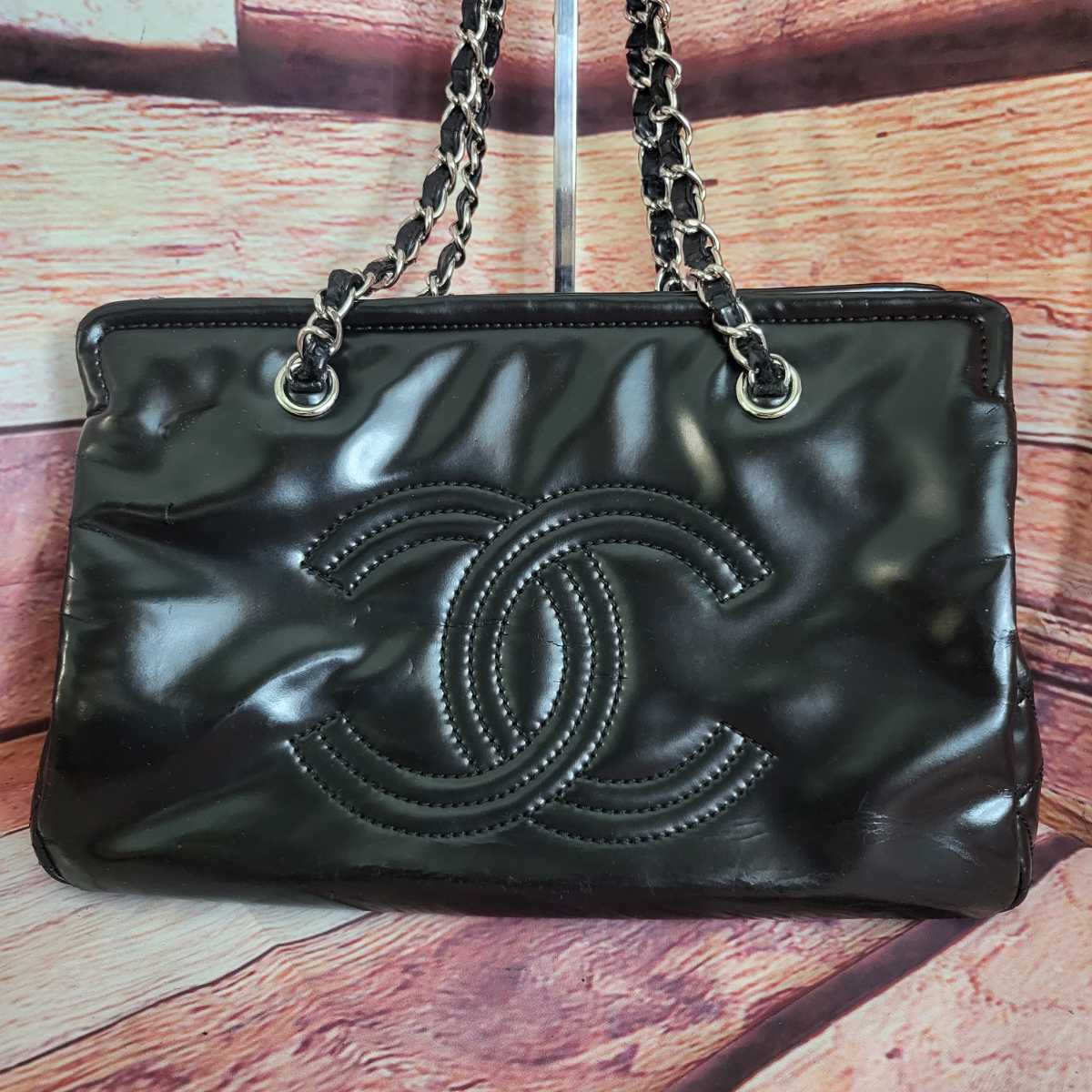 シャネル CHANEL チェーンショルダーバッグ エナメル ブラック ミニ 