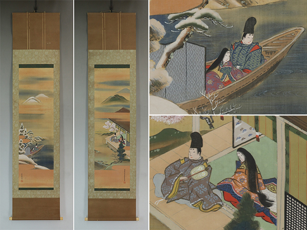 土佐光貞（隠し落款：光貞）美人画　歌仙図　浮世絵／絹本 掛軸　表装交換済 土佐光孚 双幅 日月図 真作歌川広重「五十三次名所図会 土佐光孚の