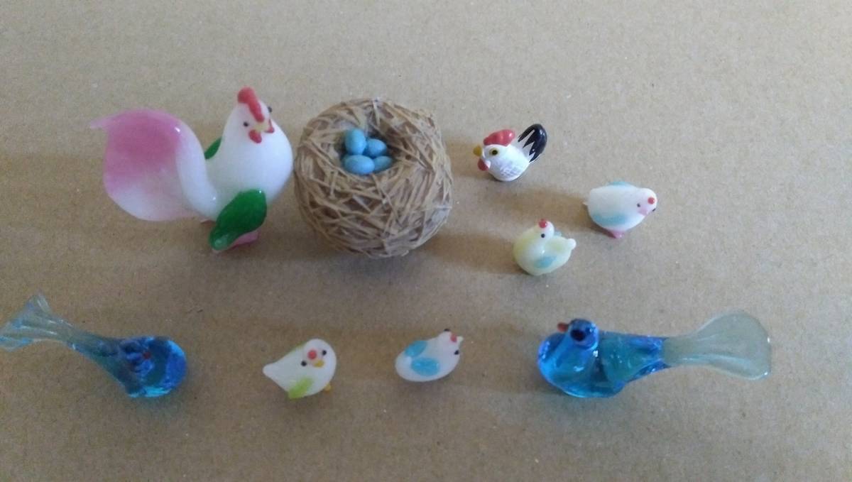 鳥☆トリ☆ガラス細工☆にわとり☆ひよこ☆青い鳥2羽☆鳥の巣クリップ 