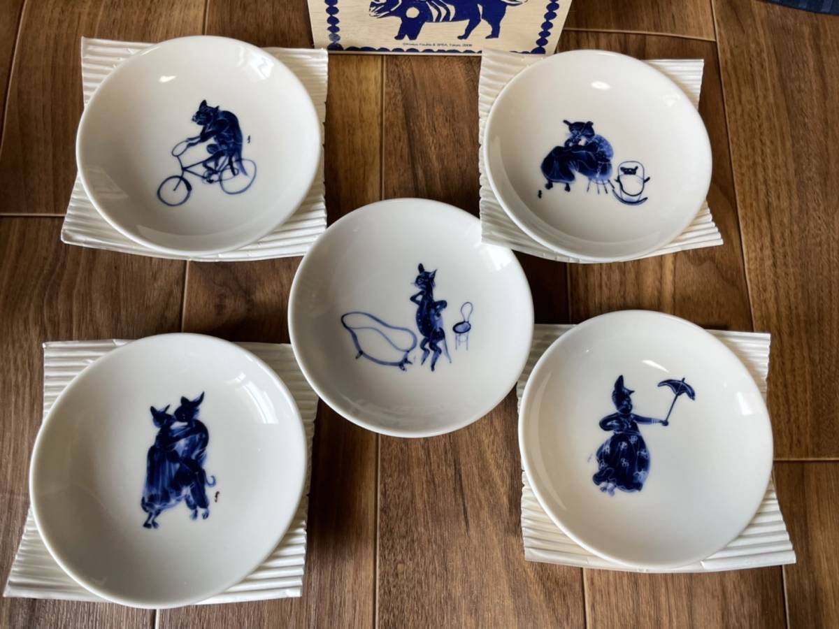 ☆未使用☆ レオナール・フジタ 小皿5枚セット 陶磁器 藤田嗣治 猫 木