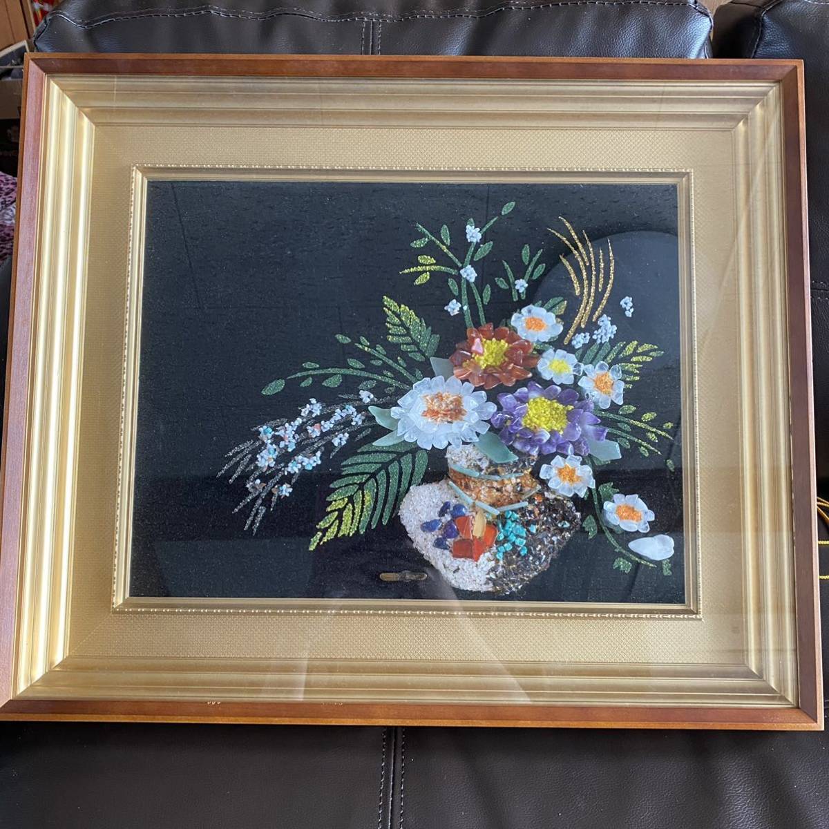 送料込み 宝石画 花画 ストーン アート 石 ガラス入額 額縁付き (絵画
