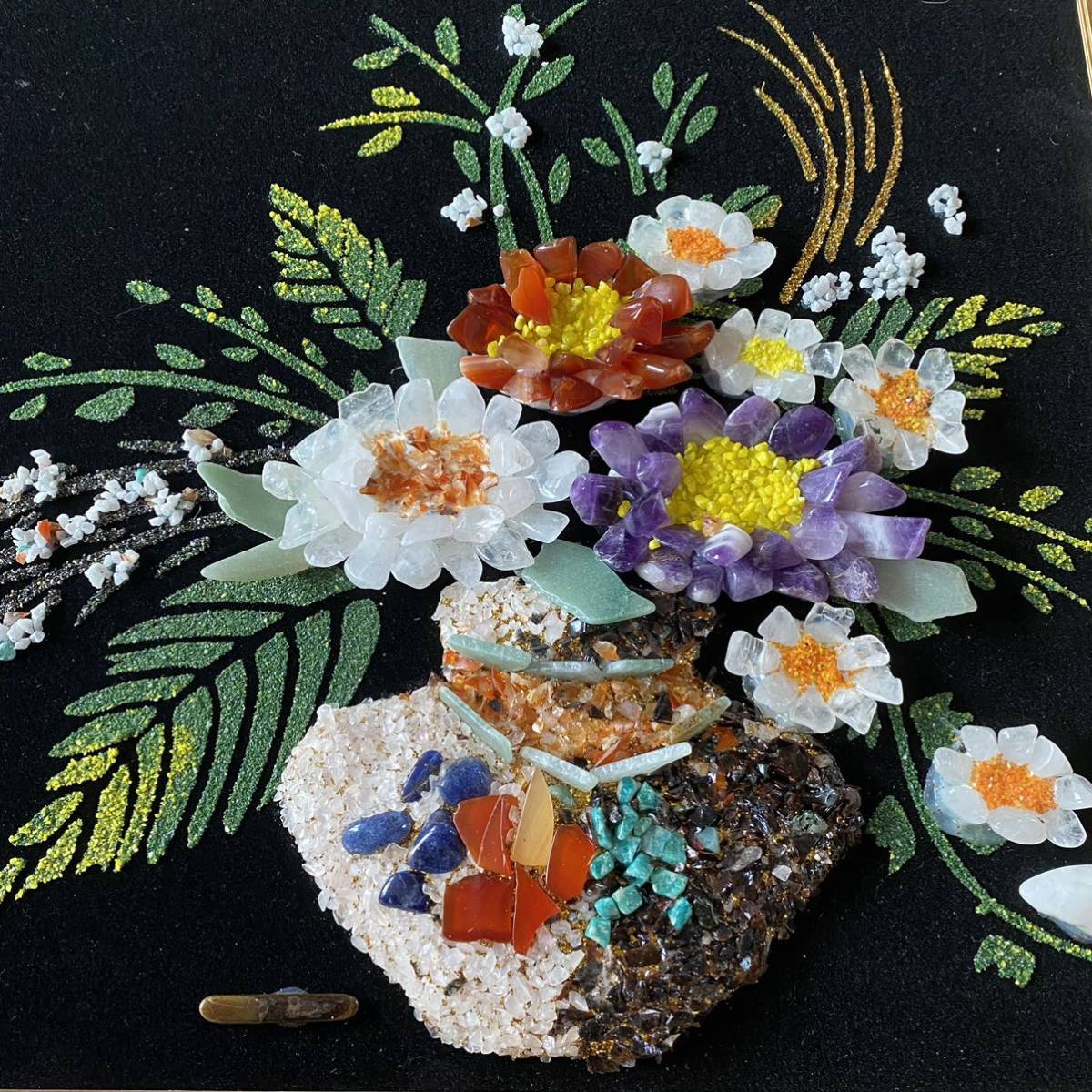 昭和レトロ 絵画 額縁 宝石画 花 フラワー 石 ストーン ジュエリー 送料込み 宝石画 花画 ストーン アート 石 ガラス入額 額縁付き (絵画