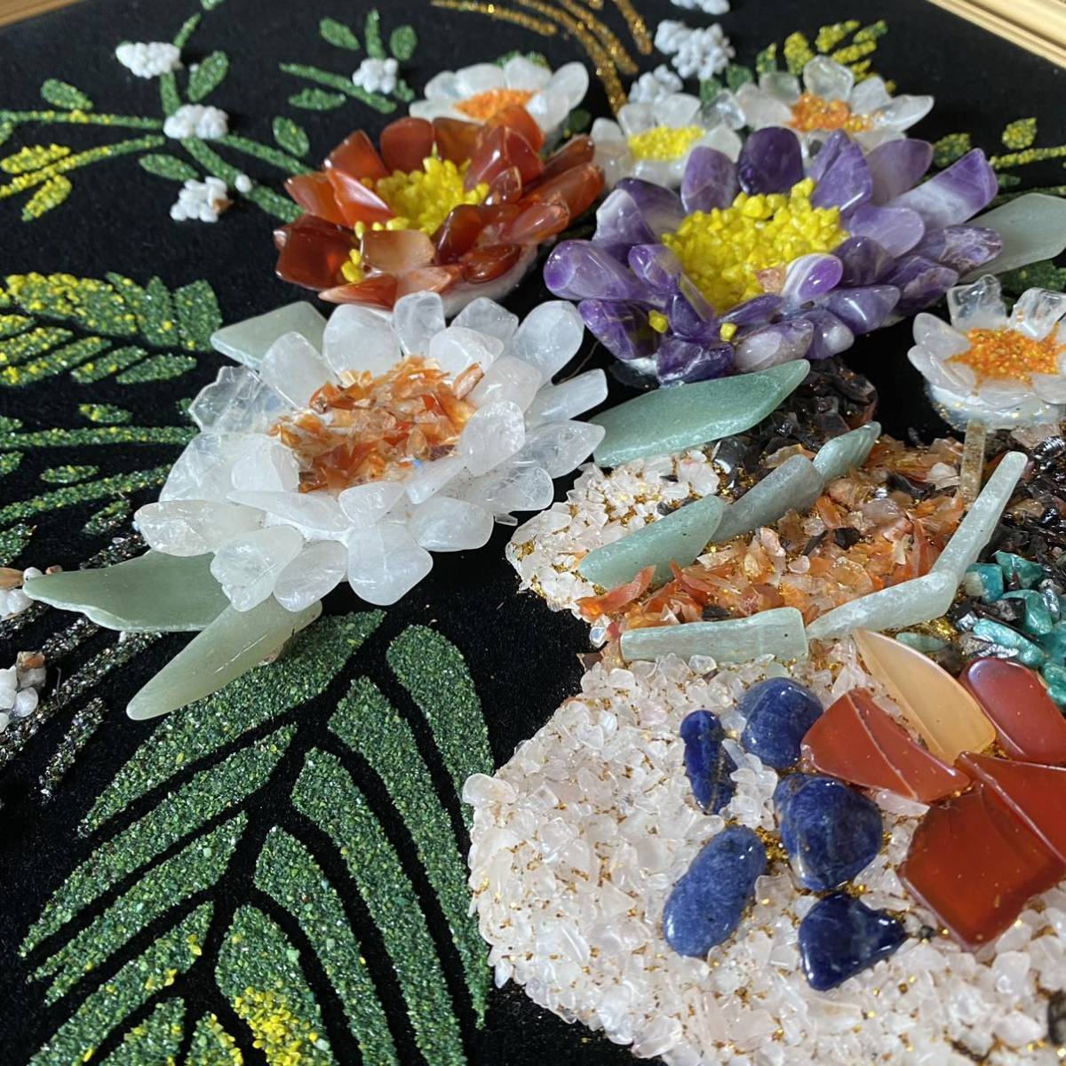 送料込み 宝石画 花画 ストーン アート 石 ガラス入額 額縁付き (絵画
