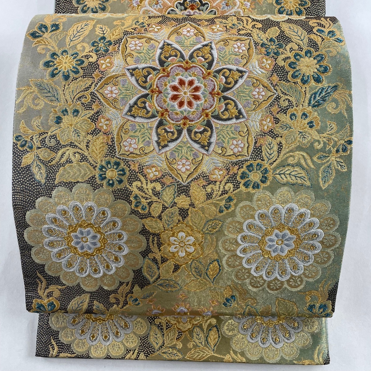 お買い得,定番 袋帯 秀品 華文 花唐草 金銀糸 刺繍 灰緑 六通 お買い得,定番 袋帯 秀品 華文 花唐草 金銀糸 刺繍 灰緑 六通