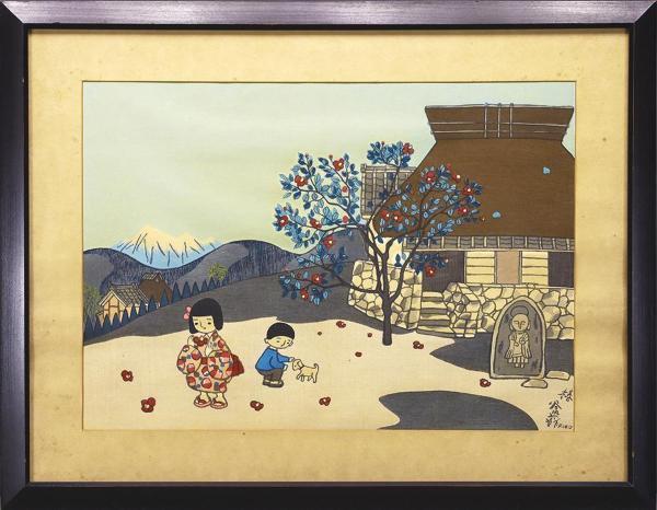 真作】【WISH】谷内六郎「椿」木版画 10号大 毛筆サイン 〇人気童画家