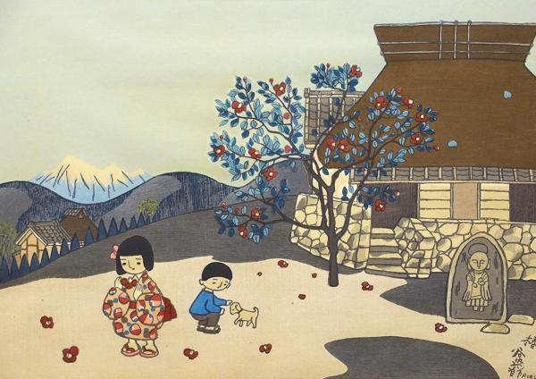 真作】【WISH】谷内六郎「椿」木版画 10号大 毛筆サイン 〇人気童画家