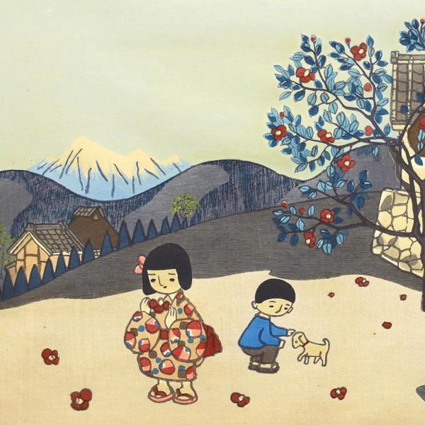 真作】【WISH】谷内六郎「椿」木版画 10号大 毛筆サイン 〇人気童画家