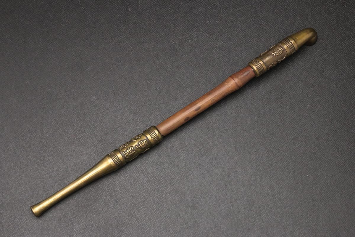 HW279 時代物【文/在銘】斑竹羅宇 黄銅漢詩彫文 黄銅煙管 全長20.5cm