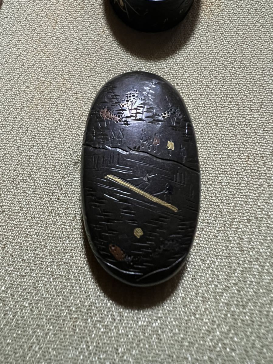 在銘 縁頭 田植え図 片切彫 江戸中期 刀装具(鍔、刀装具)｜売買された